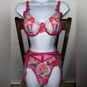 For Love & Lemons Hot Pink Floral Embroidered Lace Bra, Garter, and Panty Set